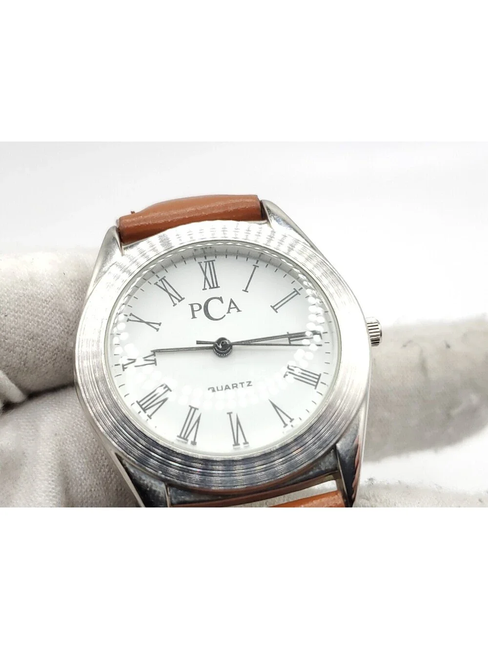 PCA Wristwatch Brown Leather Band Analog Quartz Wrist Watch New Battery 34mm